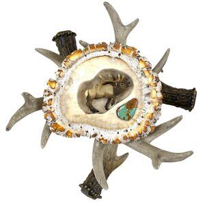 Western Elk Antler Crown Burr Turquoise Belt Buckle With Antler Stand, Signed